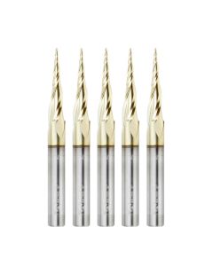 Amana 46280-5, 5-Pack CNC 2D and 3D Carving 6.2 Deg Tapered Angle Ball Tip x 1/32 Dia x 1/64 Radius x 1 x 1/4 Shank x 3 Inch Long x 3 Flute Solid Carbide Up-Cut Spiral ZrN Coated Router Bits