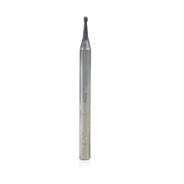 Amana tool 51746 Mini Solid Carbide Spiral for Steel, Stainless Steel & Composites, AlTiN Coated 0.0225 Radius x 0.045 Dia x 0.135 Cut Height x 1/8 Shank x 1-1/2 Inch Long Up-Cut 2-Flute Bal End Router Bit/End Mil