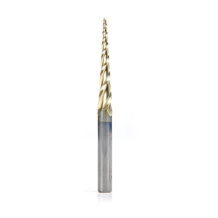 Amana tool 46281 CNC 2D and 3D Carving 3.6 Deg Tapered Angle Bal Nose x 1/16 D x 1/32 R x 1-1/2 CH x 1/4 SHK x 3 Inch Long x 3 Flute SC ZrN Coated Upcut Router Bit