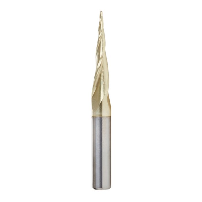 Amana tool 46280-S CNC 2D and 3D Carving 6.2 Deg Tapered Angle Bal Nose x 1/32 D x 1/64 R x 1 CH x 1/4 SHK x 2-1/4 Inch Long x 3 Flute SC ZrN Coated Upcut Router Bit