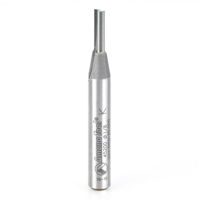 Amana tool 45200 Solid Carbide Cutting Edge Straight Plunge High Production 1/8 D x 7/16 CH x 1/4 SHK x 2 Inch Long Router Bit