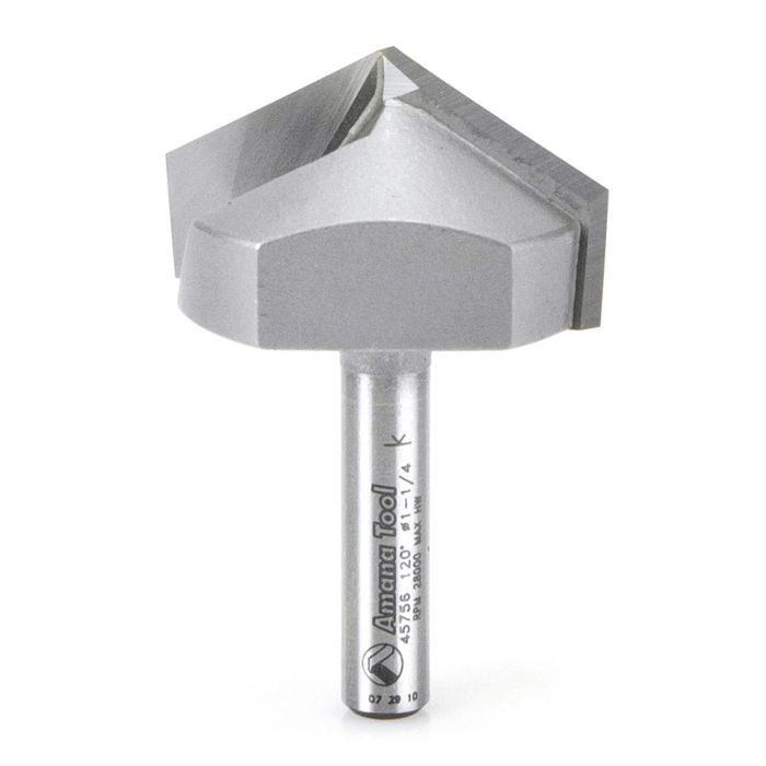 Amana tool 45756 Carbide Tipped V Groove 120 Deg x 1-1/4 D x 23/64 CH x 1/4 Inch SHK Router Bit