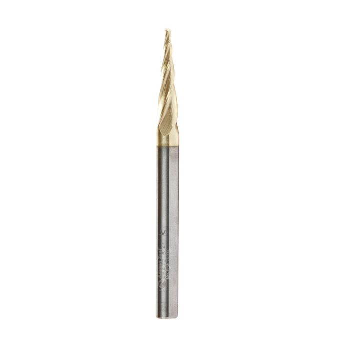 Amana tool 46472 Metric CNC 2D and 3D Carving 5.4 Deg Tapered Angle Bal Nose x 1.5 D x 0.75 R x 25 CH x 6 SHK x 75mm Long x 4 Flute SC ZrN Coated Upcut Router Bit