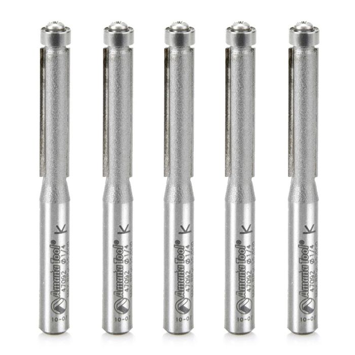 Amana tool 47092-5, 5-Pack Carbide Tipped Flush Trim 1/4 D x 1 CH x 1/4 SHK x 2-1/2 Inch Long Router Bits w/ Lower Bal Bearing