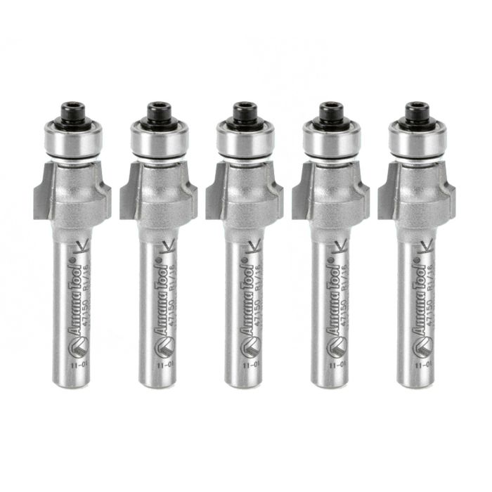 Amana tool 47150-5, 5-Pack Carbide Tipped No-File Trim .059 R x 1/2 D x 3/8 CH x 1/4 Inch SHK w/ Lower Bal Bearing Router Bits