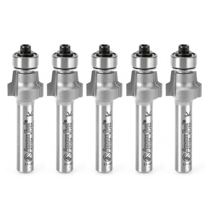 Amana tool 47154-5, 5-Pack Carbide Tipped No-File Trim .015 R x 1/2 D x 3/8 CH x 1/4 Inch SHK w/ Lower Bal Bearing Router Bits