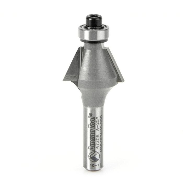 Amana tool 47206 Carbide Tipped Bevel Laminate Trim 25 Deg Angle x 3/4 D x 7/16 CH x 1/4 Inch SHK w/ Bal Bearing Router Bit