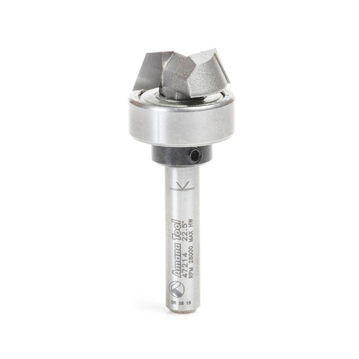 Amana tool 47214 Carbide Tipped 25 Deg Bevel Trim 3/4 Dia x 1/4 Cut Height x 1/4 Inch Shank Router Bit with Upper Bal Bearing