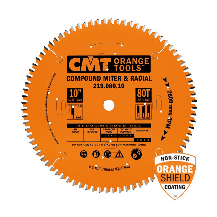 CMT 219.080.10 Industrial Sliding Compound Miter & Radial Saw Blade, 10-Inch x 80 Teeth 4/30° ATB+1TCG Grind with 5/8-Inch Bore, PTFE Coating