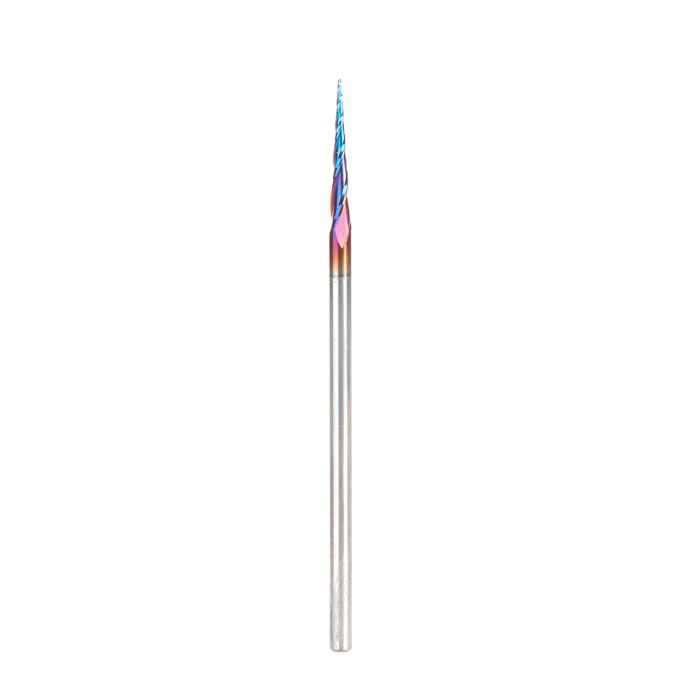 Amana tool 48418-K-M CNC Spektra Extreme tool Life Coated SC 2D and 3D Carving 3.7 Deg Tapered Angle Bal Nose x 0.50mm D x 0.25mm R x 19mm CH x 3mm SHK x 75mm Long x 3 Flute Router Bit