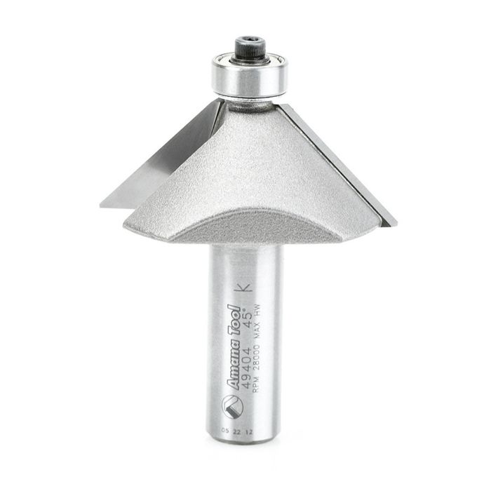 Amana tool 49404 Carbide Tipped Chamfer 45 Deg x 1-31/32 D x 3/4 CH x 1/2 SHK w/ Lower Bal Bearing Router Bit