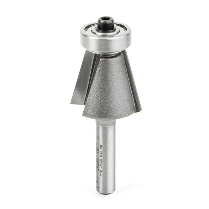 Amana tool 49408 Carbide Tipped Chamfer 15 Degree x 7/8 D x 3/4 CH x 1/4 Inch SHK w/ Lower Bal Bearing Router Bit