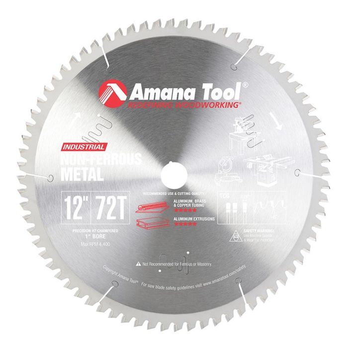 Amana tool 512721 Carbide Tipped Aluminum and Non-Ferrous Metals 12 Inch D x 72T TCG, -6 Deg, 1 Inch Bore, Circular Saw Blade