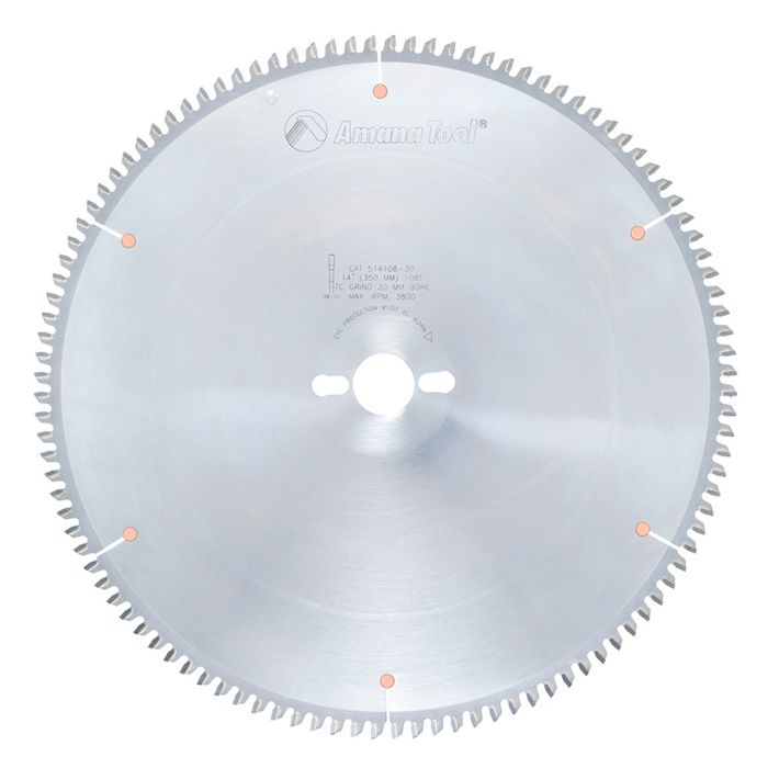 Amana tool 514108-30 Carbide Tipped Aluminum and Non-Ferrous Metals 14 Inch D x 108T TCG, -6 Deg, 30MM Bore, Circular Saw Blade