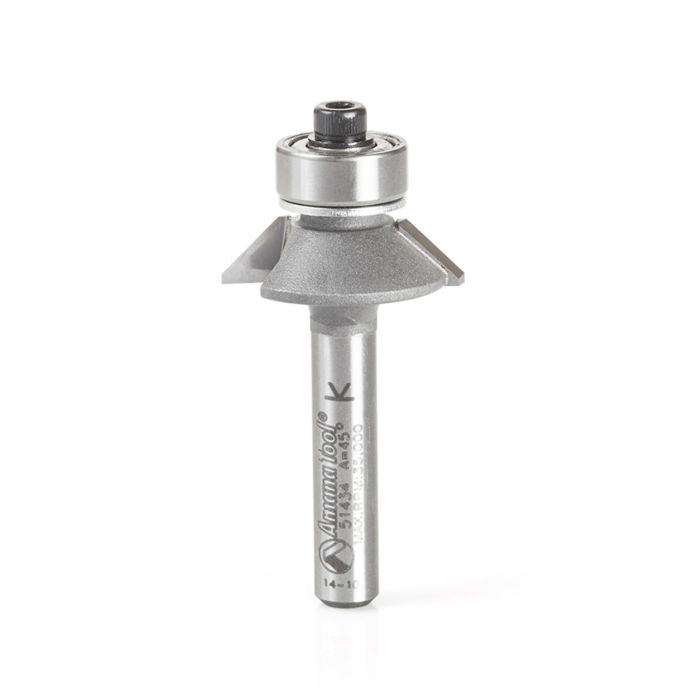 Amana tool 51434 Aluminum & Plastic Bevel Trim 45 Deg x 31/32 Dia x 1/4 Cut Length x 1/4 Inch Shank Carbide Tipped Router Bit