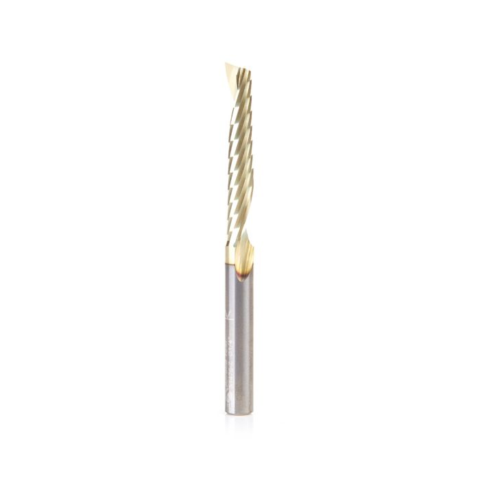 Amana tool 51476-Z CNC SC Spiral O Single Flute, Aluminum Cutting 1/4 D x 1-1/2 CH x 1/4 SHK x 3 Inch Long Up-Cut ZrN Coated Router Bit with Mirror Finish
