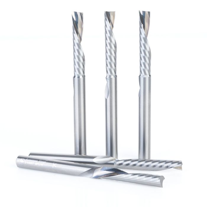 Amana tool 51507-5, 5-Pack CNC SC Spiral O Single Flute, Plastic Cutting 1/4 D x 1-1/4 CH x 1/4 SHK x 3 Inch Long Down-Cut Router Bits with Mirror Finish