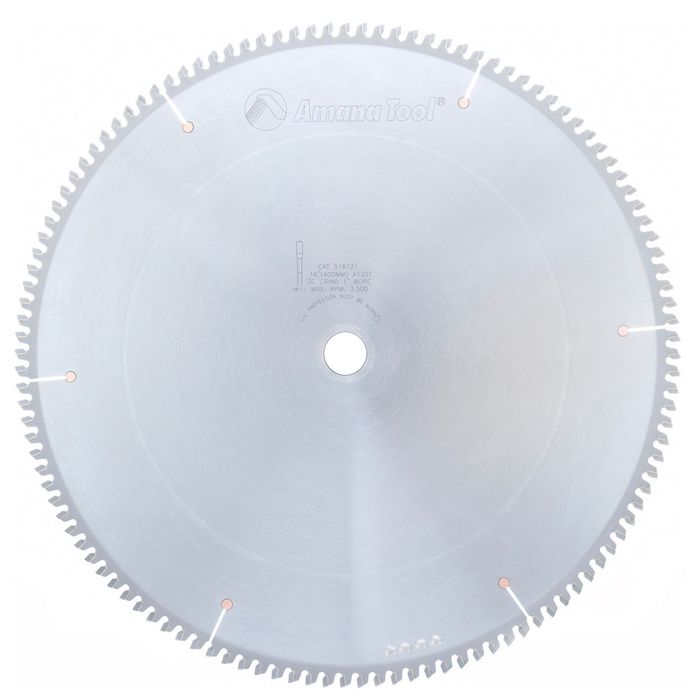 Amana tool 516121 Carbide Tipped Aluminum and Non-Ferrous Metals 16 Inch D x 120T TCG, -6 Deg, 1 Inch Bore, Circular Saw Blade