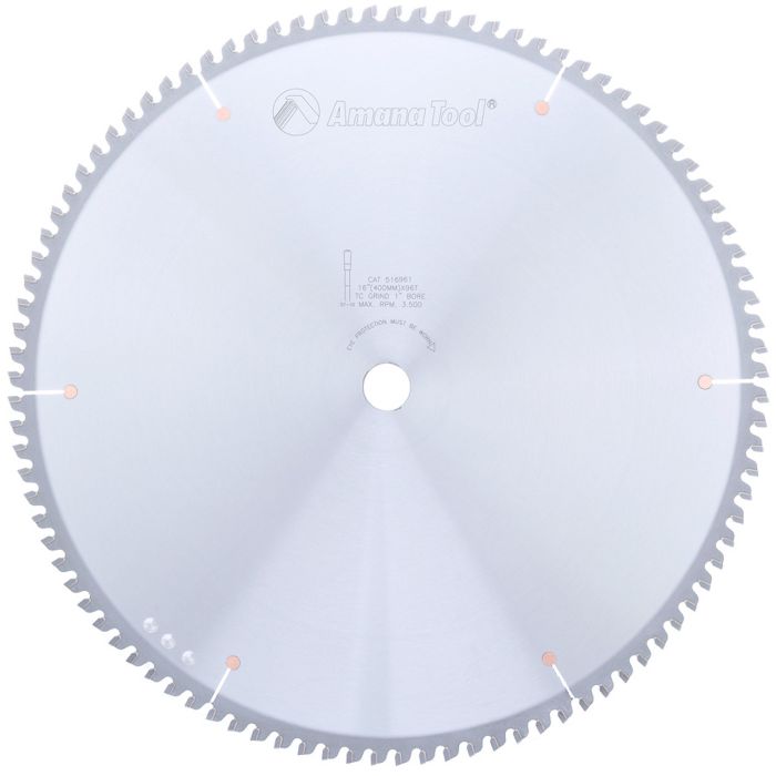 Amana tool 516961 Carbide Tipped Aluminum and Non-Ferrous Metals 16 Inch D x 96T TCG, -6 Deg, 1 Inch Bore, Circular Saw Blade