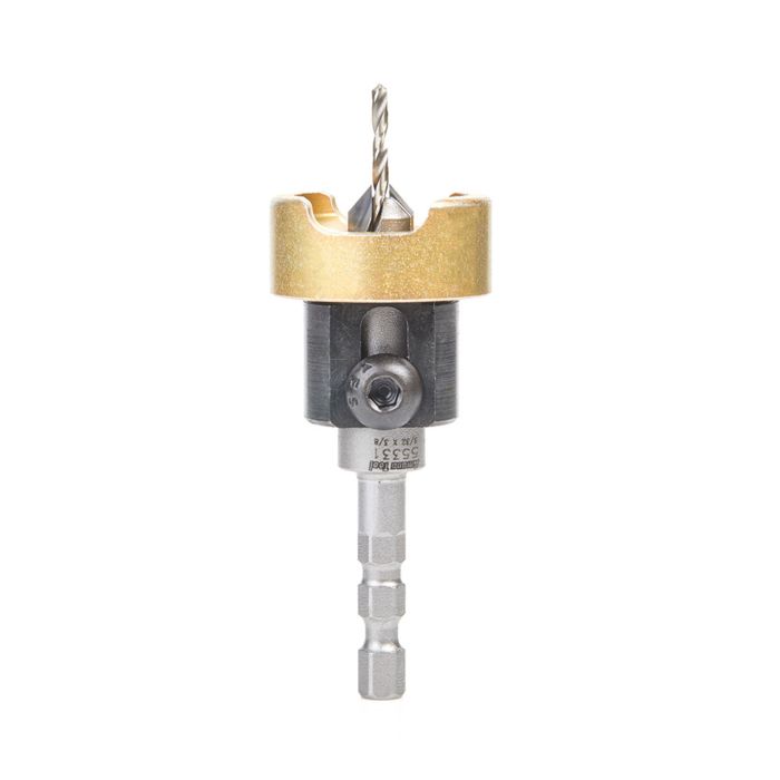 Amana tool 55331 Carbide Tipped 82 Degree Countersink with Adjustable Depth Stop and No-Thrust BB, Hybrid For Festool CENTROTEC System 3/8 D x 3/32 Dril D x 1/4 Inch Quick Release Hex SHK