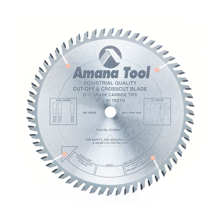 Amana tool 610600 Carbide Tipped Cut-Off and Crosscut 10 Inch D x 60T ATB, 10 Deg, 5/8 Bore, Circular Saw Blade