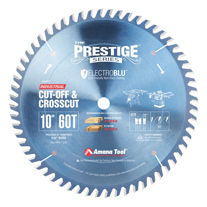 Amana tool 610600C Electro-Blu Carbide Tipped Prestige Cut-Off and Crosscut 10 Inch D x 60T ATB, 10 Deg, 5/8 Bore, Non-Stick Coated Circular Saw Blade