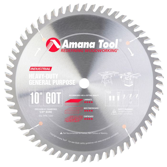 Amana tool 610601 Carbide Tipped General Purpose 10 Inch D x 60T TCG, 10 Deg, 5/8 Bore, Circular Saw Blade