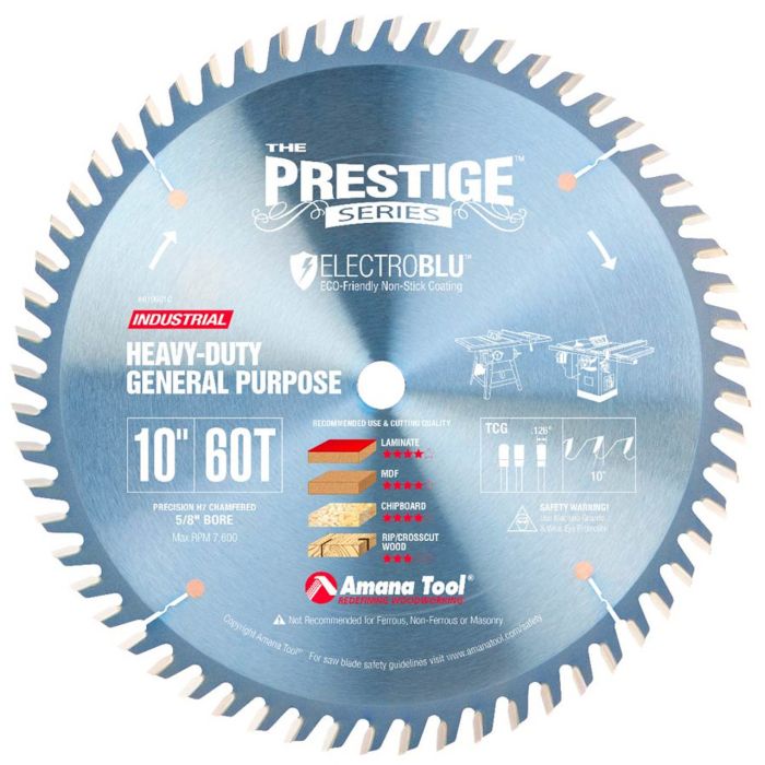 Amana tool 610601C Electro-Blu Carbide Tipped Prestige General Purpose 10 Inch D x 60T TCG, 10 Deg, 5/8 Bore, Non-Stick Coated Circular Saw Blade