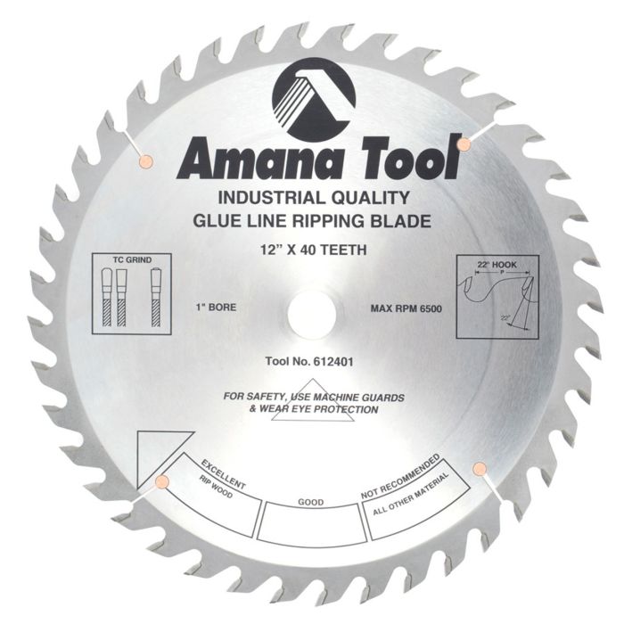 Amana tool 612401 Carbide Tipped Glue Line Ripping 12 inch D x 40T TCG, 22 Deg, 1 Inch Bore, Circular Saw Blade