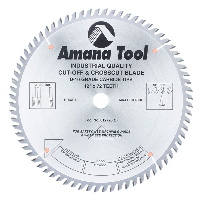 Amana tool 612720 Carbide Tipped Cut-Off and Crosscut 12 Inch D x 72T ATB, 10 Deg, 1 Inch Bore, Circular Saw Blade