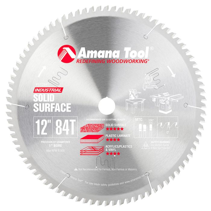 Amana tool 612841 Carbide Tipped Solid Surface 12 Inch D x 84T M-TCG, 0 Deg, 1 Inch Bore, Circular Saw Blade