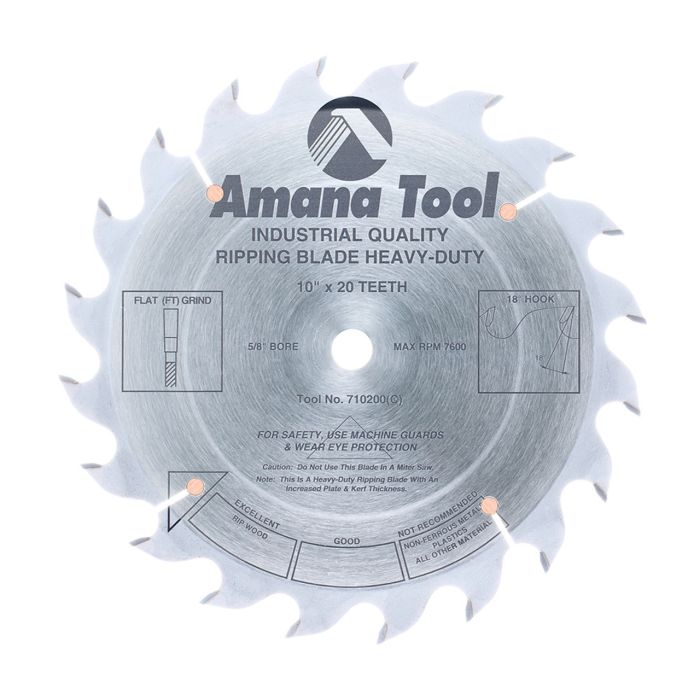 Amana tool 710200 Carbide Tipped Heavy-Duty Ripping 10 Inch D x 20T FT, 18 Deg, 5/8 Bore, Circular Saw Blade