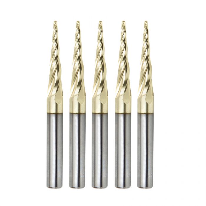Amana 46282-5, 5-Pack CNC 2D and 3D Carving 5.4 Deg Tapered Angle Ball Tip 1/16 Dia x 1/32 Radius x 1 x 1/4 Shank x 3 Inch Long x 4 Flute Solid Carbide Up-Cut Spiral ZrN Coated Router Bits