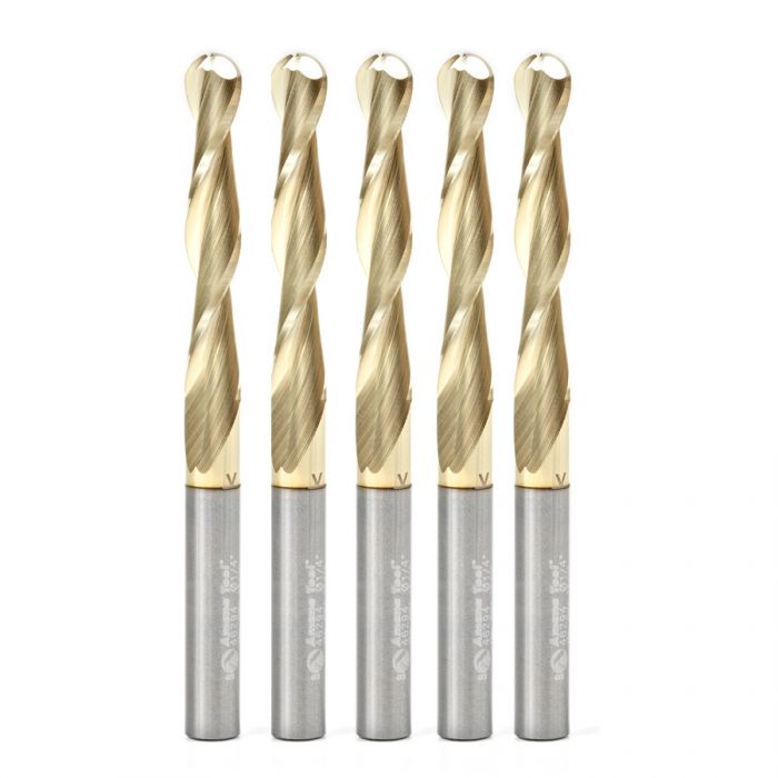 Amana 46294-5, 5-Pack CNC 2D and 3D Carving 0.10 Deg Straight Angle Ball Tip 1/4 Dia x 1/8 Radius x 1-1/2  x 1/4 Shank x 3 Inch Long x 2 Flute Solid Carbide ZrN Coated Router Bit