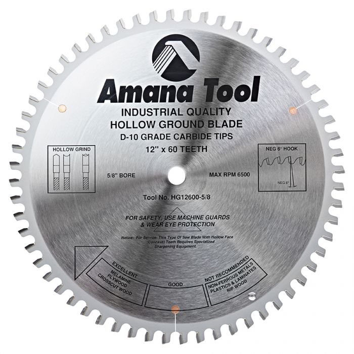 Amana HG12600-5/8 Carbide Tipped Hollow Ground 12 Inch Dia x 60T HG, -6 Deg, 5/8 Bore