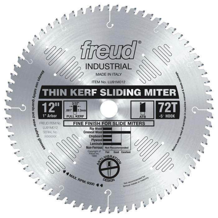 Freud LU91M012 12" Thin Kerf Sliding Compound Miter Saw Blade