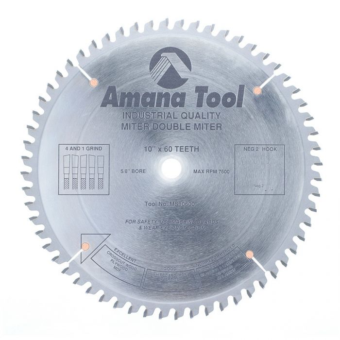 Amana MS10600 Carbide Tipped Miter 10 Inch Dia x 60T 4+1 ATB, -2 Deg, 5/8 Bore