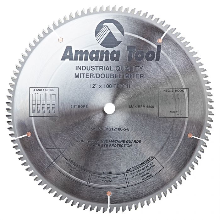 Amana MS12100-5/8 Carbide Tipped Miter 12 Inch Dia x 100T 4+1 ATB, -2 Deg, 5/8 Bore
