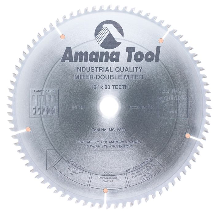 Amana tool MS12800 Carbide Tipped Miter 12 Inch D x 80T 4+1 ATB, -2 Deg, 1 Inch Bore, Circular Saw Blade