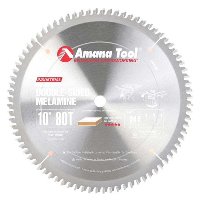 Amana tool MSB1080 Carbide Tipped Double-Face Melamine 10 Inch D x 80T H-ATB, -2 Deg, 5/8 Bore, Circular Saw Blade